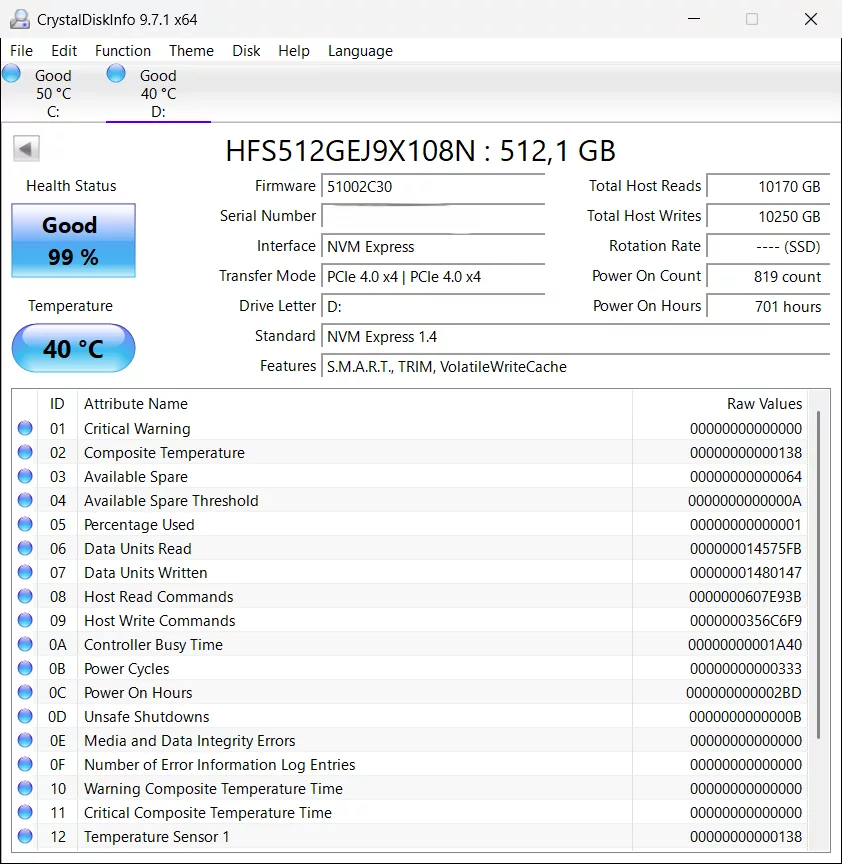 SKhynix 512GB NVme SSD